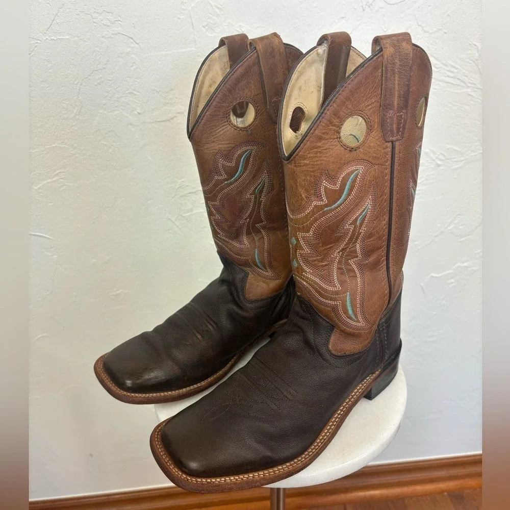 OLD WEST Broad Square Toe‎ Western Cowboy Boots Brown Tan Leather Cowgirl 6